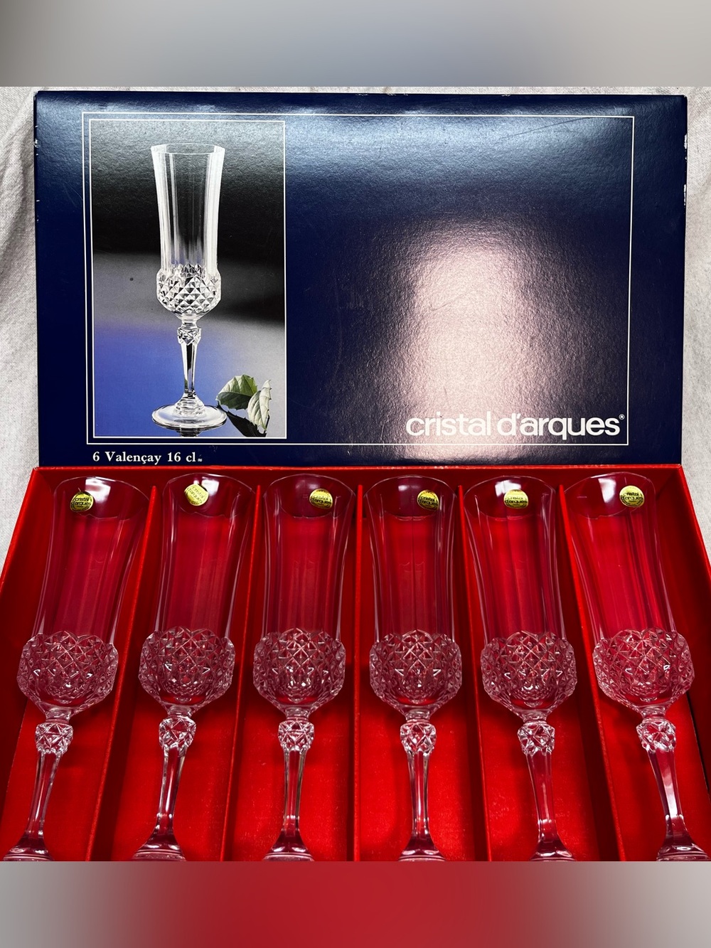 Cristal d’Arques Valençay Champagne Flutes Set of 6 Crystal France Original Box